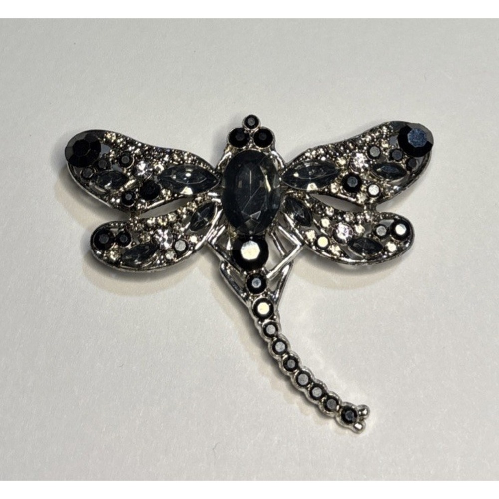 Dragonfly Brooch Black Gray Rhinestones Silver Tone Statement Pin 2"
